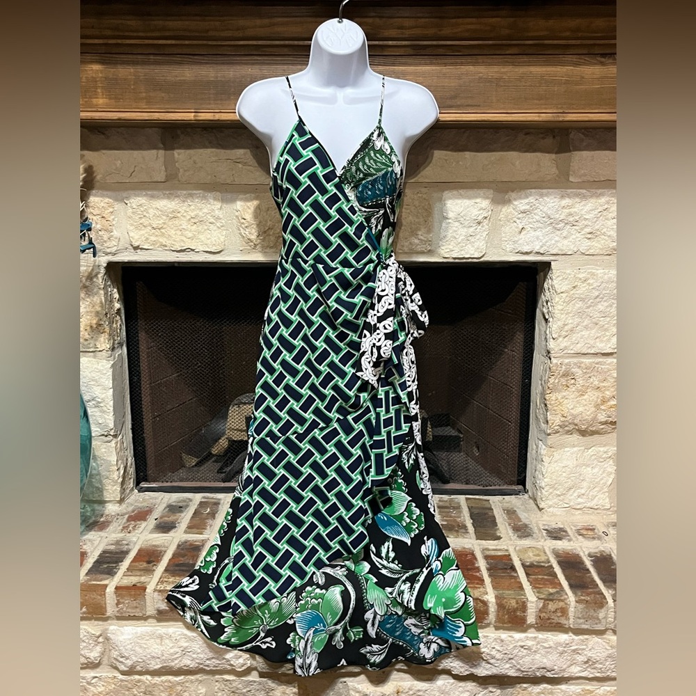 Diane Von Furstenberg Katsia Sleeveless Wrap Midi Dress Green Black Size 8 - Picture 4 of 12